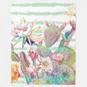 Couverture Polaire Aquarelle cactus, motifs floraux et rayures