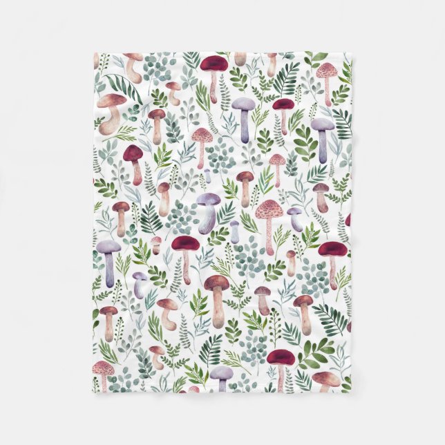 Couverture Polaire Aquarelle Champignons et feuilles de verdure motif (Devant)