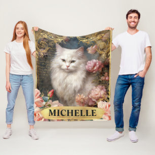 Couverture Polaire Aquarelle Chat Blanc Vintage et Roses Roses