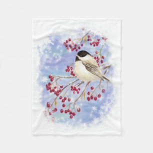 Couverture Polaire Aquarelle Chickadee & Berries Scène hivernale Fros