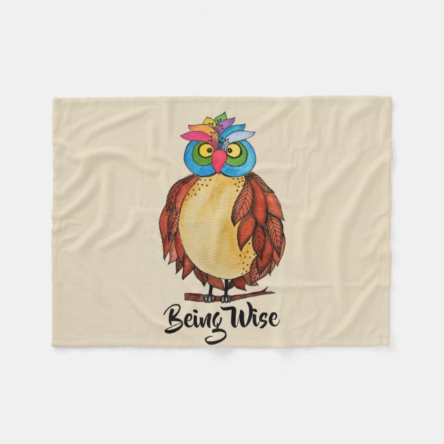 Couverture Polaire Aquarelle Chouette magique avec plumes arc-en-ciel (Devant (Horizontal))