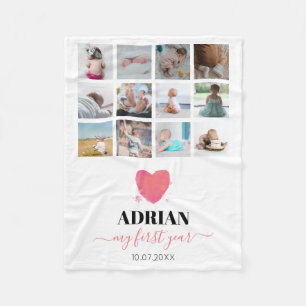 Couverture Polaire Aquarelle Coeur bébé première année photo Collage