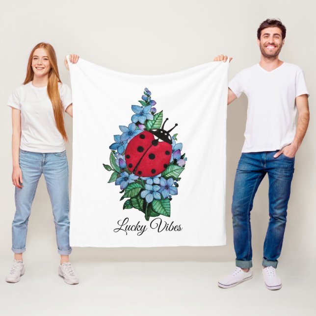 Couverture Polaire Aquarelle Cute Ladybird Avec Fleurs Bleues Sauvage (En situation)