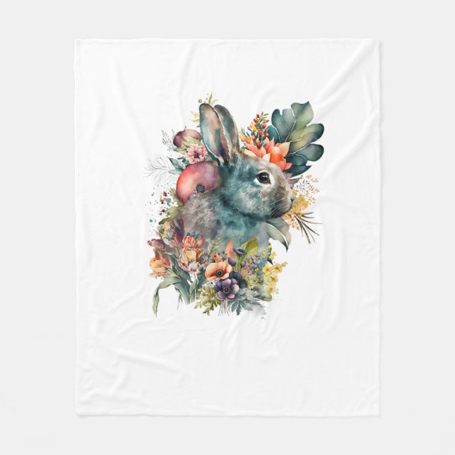 Couverture Polaire Aquarelle de lapin mignonne avec fleur (Devant)