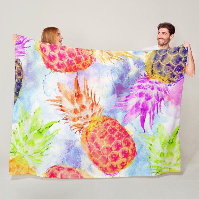 Couverture Polaire Aquarelle de Motif d'ananas tropical (En situation)