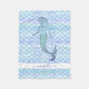 Couverture Polaire Aquarelle de sirène Bleu Échelle de poisson Nom
