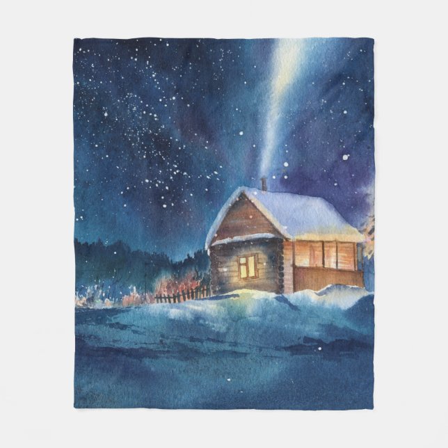 Couverture Polaire Aquarelle dessinée à la main paysage d'hiver (Devant)