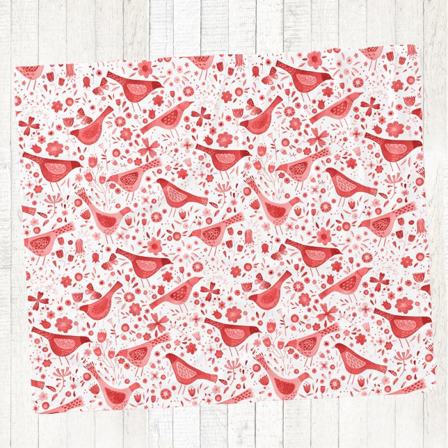Couverture Polaire Aquarelle d'oiseaux rouge (Red and white watercolor bird pattern art fleece blanket)