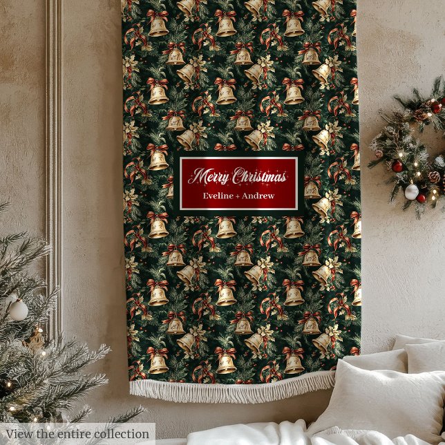 Couverture Polaire Aquarelle dorée cloches de Noël vert profond (Watercolor golden Christmas bells deep green Fleece Blanket)