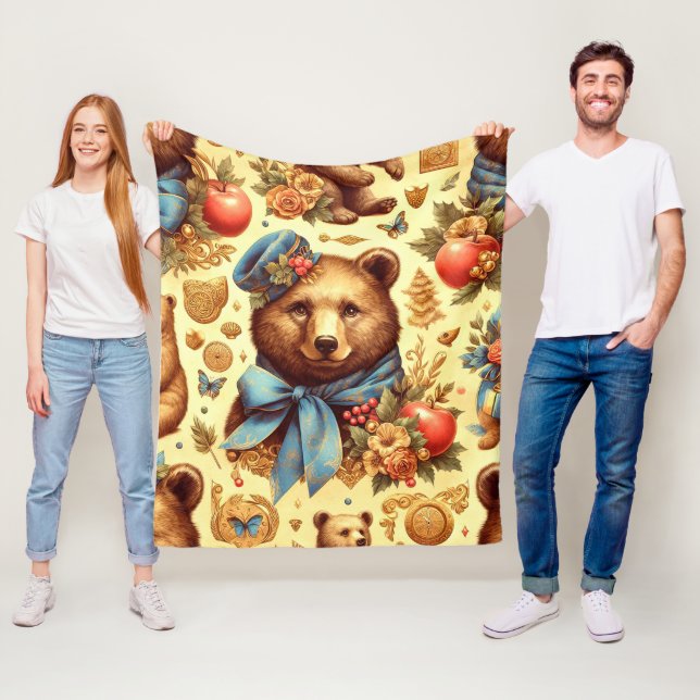 Couverture Polaire Aquarelle d'ours Vintage (En situation)