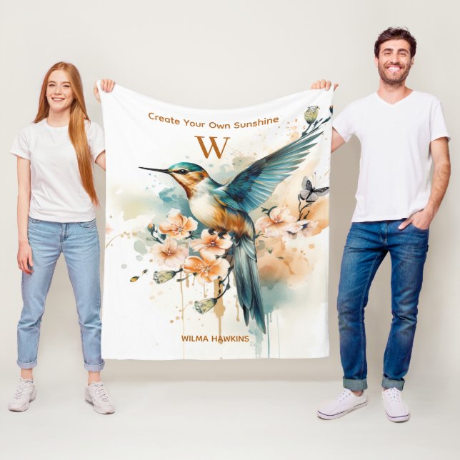 Couverture Polaire Aquarelle Élégant Monogramme De Colibri Avec Nom (En situation)