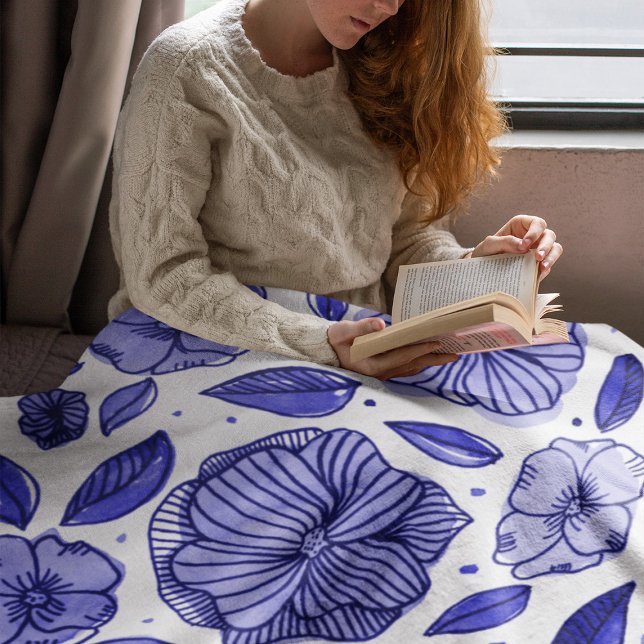 Couverture Polaire Aquarelle et fleurs d'encre - palette bleue (Créateur téléchargé)