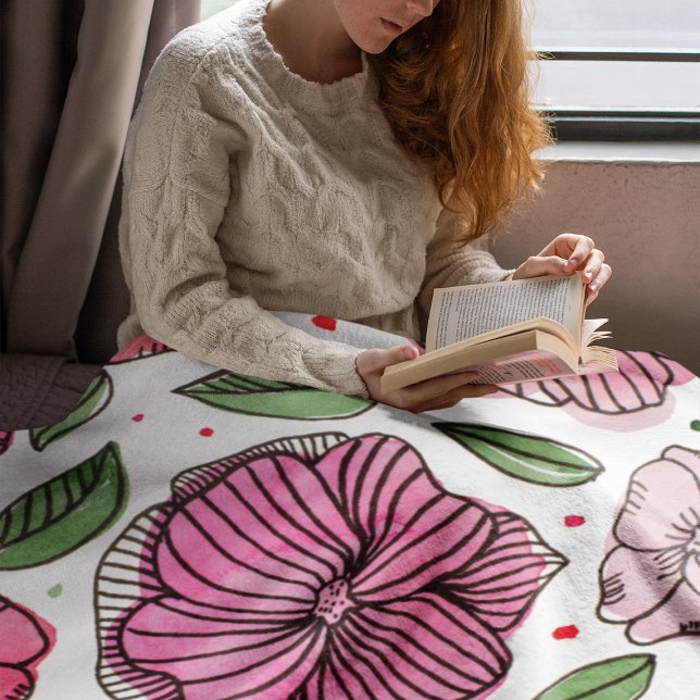 Couverture Polaire Aquarelle et fleurs d'encre - rose et vert (Créateur téléchargé)