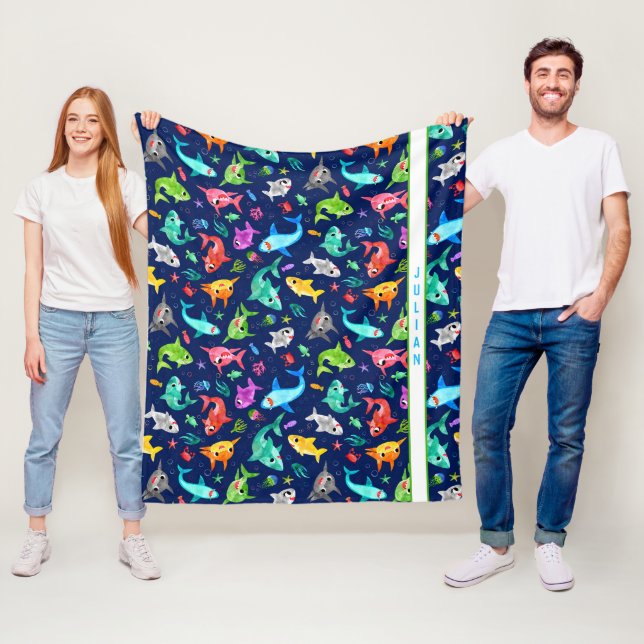 Couverture Polaire Aquarelle Famille de requins adorable Personnalisé (En situation)