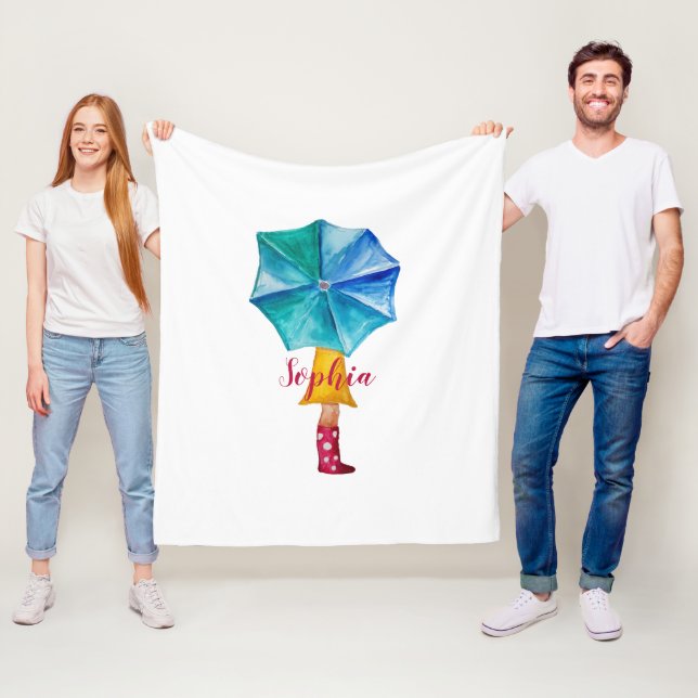 Couverture Polaire Aquarelle fille parapluie mignonne Monogrammé (En situation)