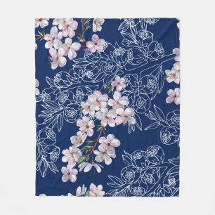 Couverture Polaire Aquarelle fleurs de branche cerise avec branche gr