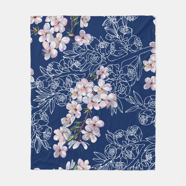 Couverture Polaire Aquarelle fleurs de branche cerise avec branche gr (Devant)