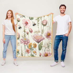 Couverture Polaire Aquarelle Fleurs printanières Abeilles rose jaune