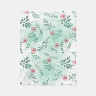 Couverture Polaire Aquarelle fleurs roses et branches vertes botaniqu