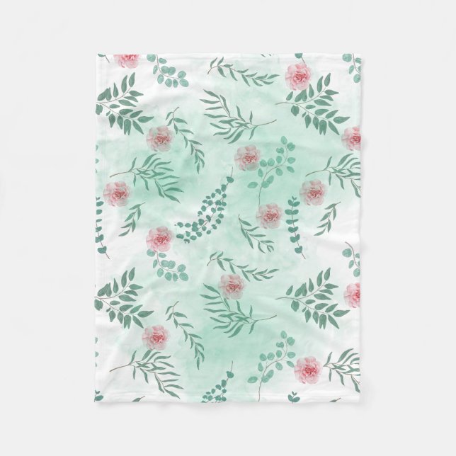 Couverture Polaire Aquarelle fleurs roses et branches vertes botaniqu (Devant)