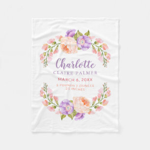 Couverture Polaire Aquarelle Floral Personnalisé Baby Birth Stats