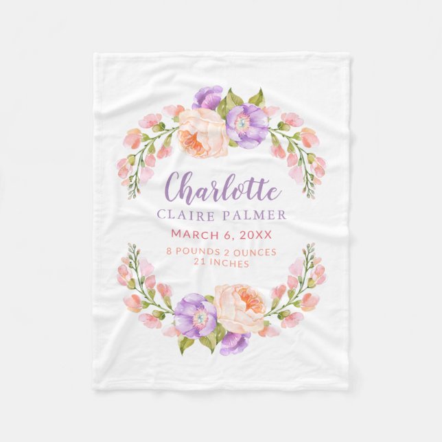 Couverture Polaire Aquarelle Floral Personnalisé Baby Birth Stats (Devant)