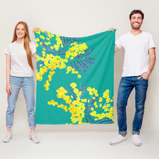 Couverture Polaire Aquarelle florale mimosa art thème fleuri jaune (En situation)