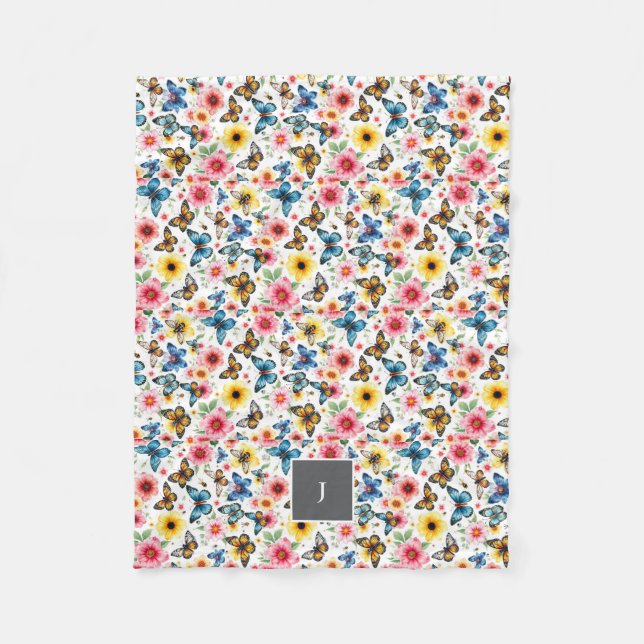 Couverture Polaire Aquarelle florale motif botanique monogrammé (Devant)