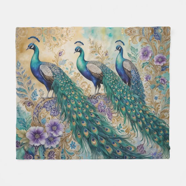 Couverture Polaire Aquarelle florale Paisley Peacock (Devant (Horizontal))
