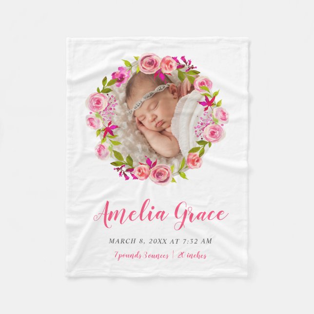 Couverture Polaire Aquarelle Florale Photo Bébé statistiques de naiss (Devant)