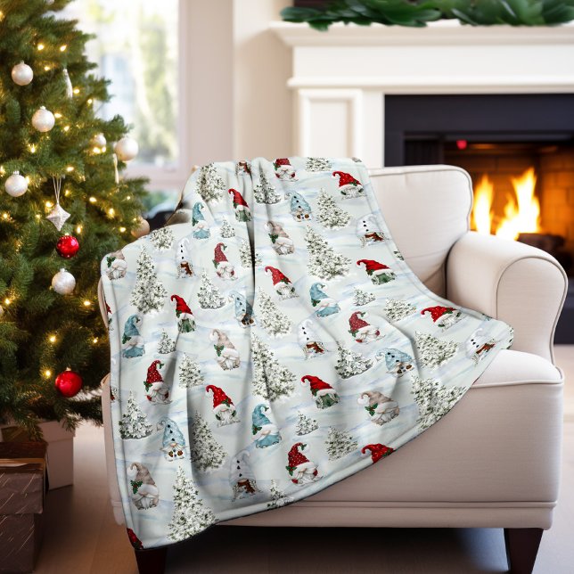 Couverture Polaire Aquarelle Gnomes d'hiver en Noël de neige (Créateur téléchargé)