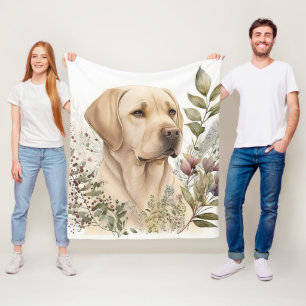 Couverture Polaire Aquarelle Golden Labrador Retriever et Fleurs