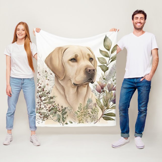 Couverture Polaire Aquarelle Golden Labrador Retriever et Fleurs (En situation)
