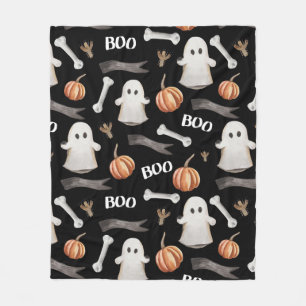 Couverture Polaire Aquarelle Halloween Boo Ghost et Citrouille Noir