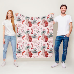 Couverture Polaire Aquarelle Japonaise Pagode Lotus Koi Poisson