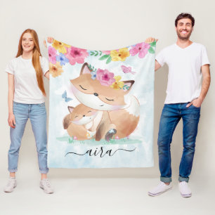 Couverture Polaire Aquarelle Kawaii Fox avec Fleurs et Nom personnali
