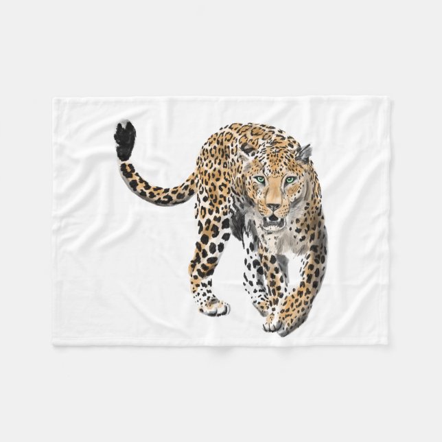 Couverture Polaire aquarelle léopard jungle chat animal peint vert (Devant (Horizontal))