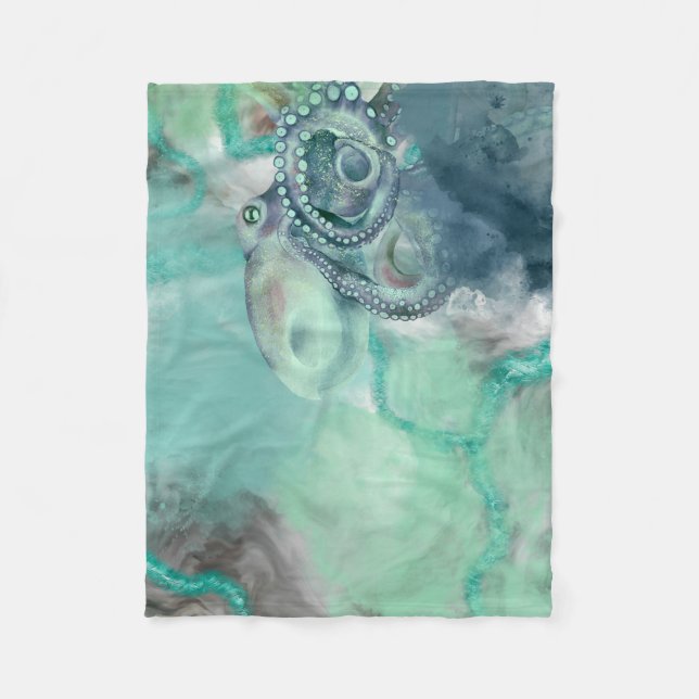 Couverture Polaire Aquarelle marine Aqua Ocean Octopus (Devant)