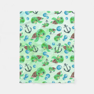Couverture Polaire Aquarelle marine Tortue marine Ancres et bulles