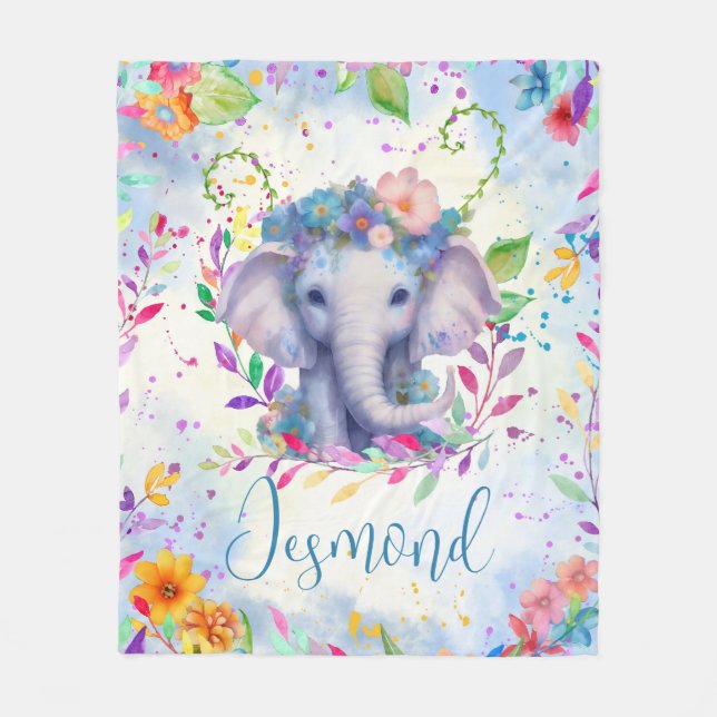 Couverture Polaire Aquarelle mignonne Eléphant avec fleurs (Devant)