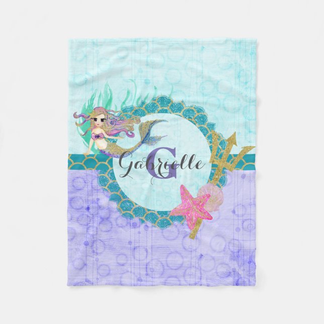 Couverture Polaire Aquarelle mignonne sirène Turquoise et violet (Devant)