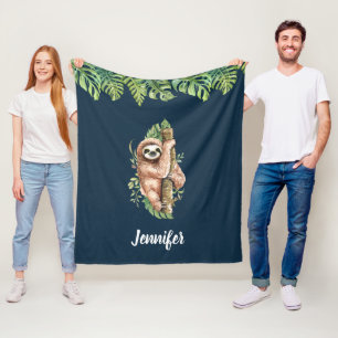 Couverture Polaire Aquarelle mignonne Sloth & Feuilles tropicaux