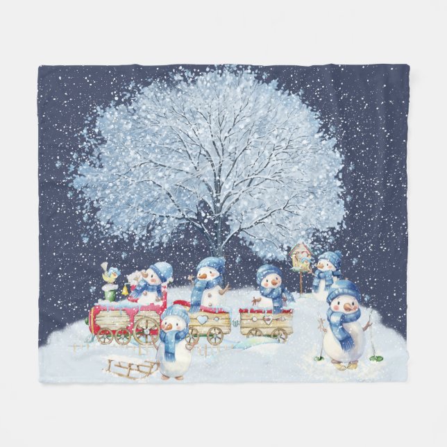 Couverture Polaire Aquarelle mignonne Snowmen Festif (Devant (Horizontal))