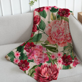 Couverture Polaire Aquarelle moderne vert botanique rose floral