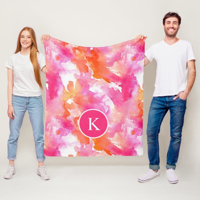 Couverture Polaire Aquarelle Monogram Rose Orange Abstrait (En situation)
