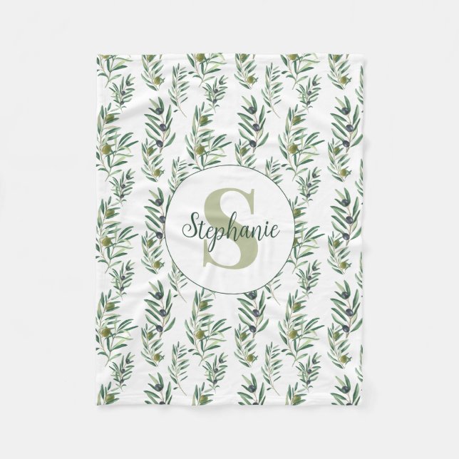 Couverture Polaire Aquarelle Monogramme Nom Motif Branches d'Olivier (Devant)