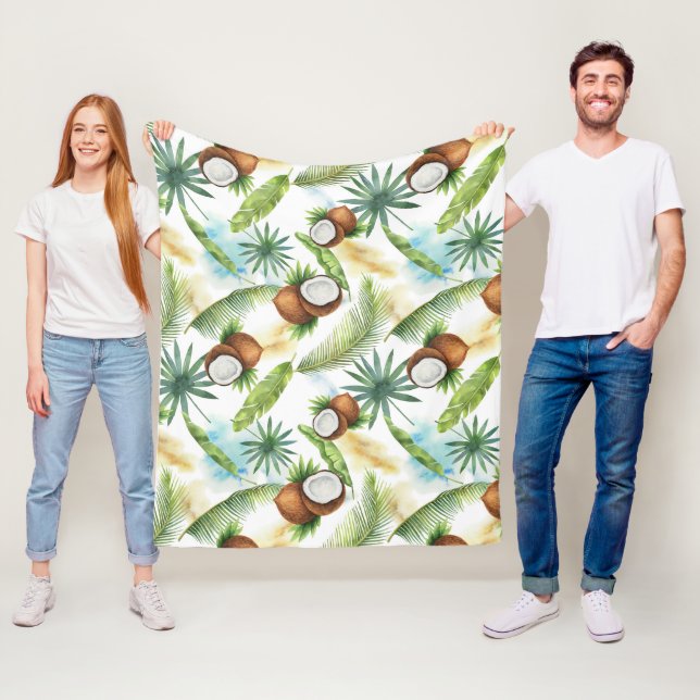 Couverture Polaire Aquarelle Motif de noix de coco tropicale (En situation)