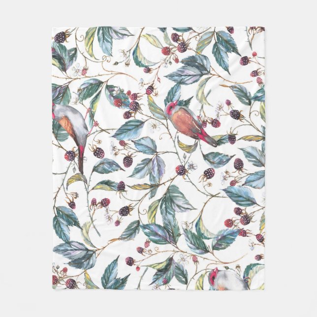 Couverture Polaire Aquarelle naturelle motif : mûres, oiseaux, f (Devant)