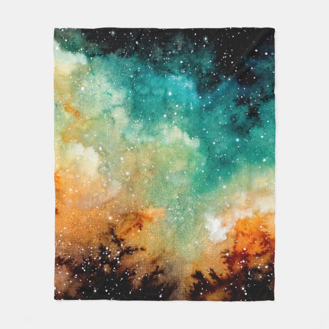 Couverture Polaire Aquarelle Nebula jaune vif, étoiles et noir (Devant)