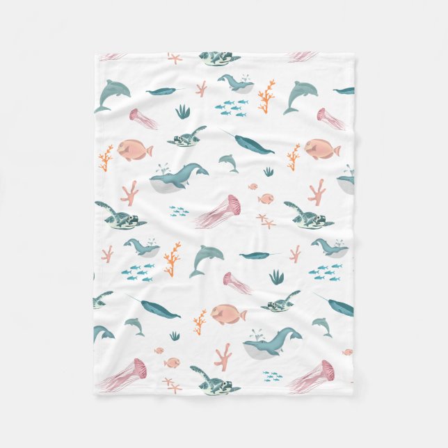 Couverture Polaire Aquarelle Océan Motif d'animaux marins (Devant)